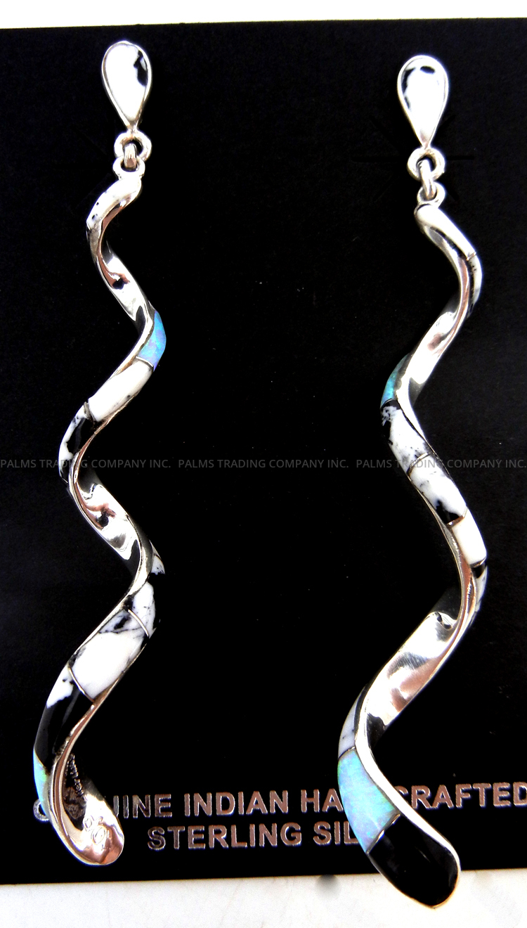 Navajo white buffalo, lab opal and sterling silver channel inlay spiral post dangle earrings by Renell Perry Chaco