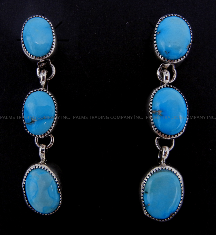 Navajo triple Blue Bird turquoise and sterling silver post dangle earrings