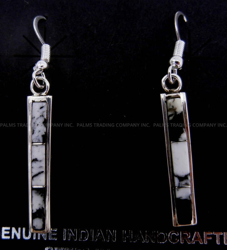 Navajo white buffalo and sterling silver channel inlay earrings by Jamie Johnson