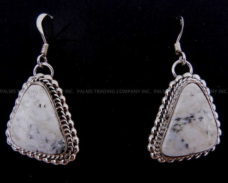 Navajo triangular white buffalo and sterling silver dangle earrings by Will Denetdale