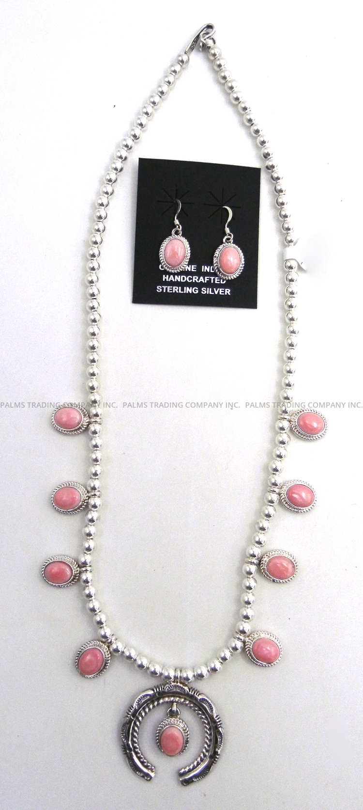 Navajo small pink conch and sterling silver squash blossom necklace and earring set by Shirley Henry