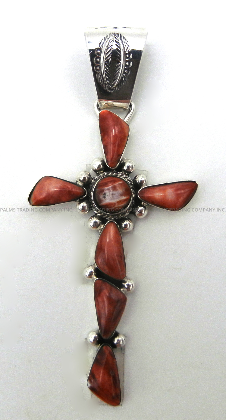 Navajo red spiny oyster shell and sterling silver cross pendant by Sheena Jack