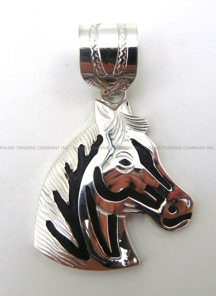 Navajo sterling silver overlay horse pendant by Alonzo Marino