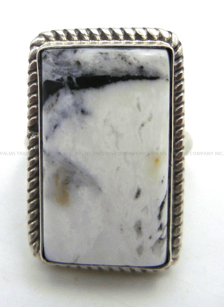 Navajo adjustable white buffalo and brushed sterling silver ring