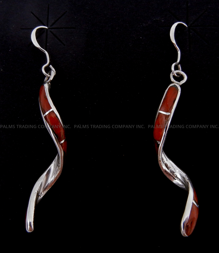 Zuni coral and sterling silver channel inlay spiral dangle earrings
