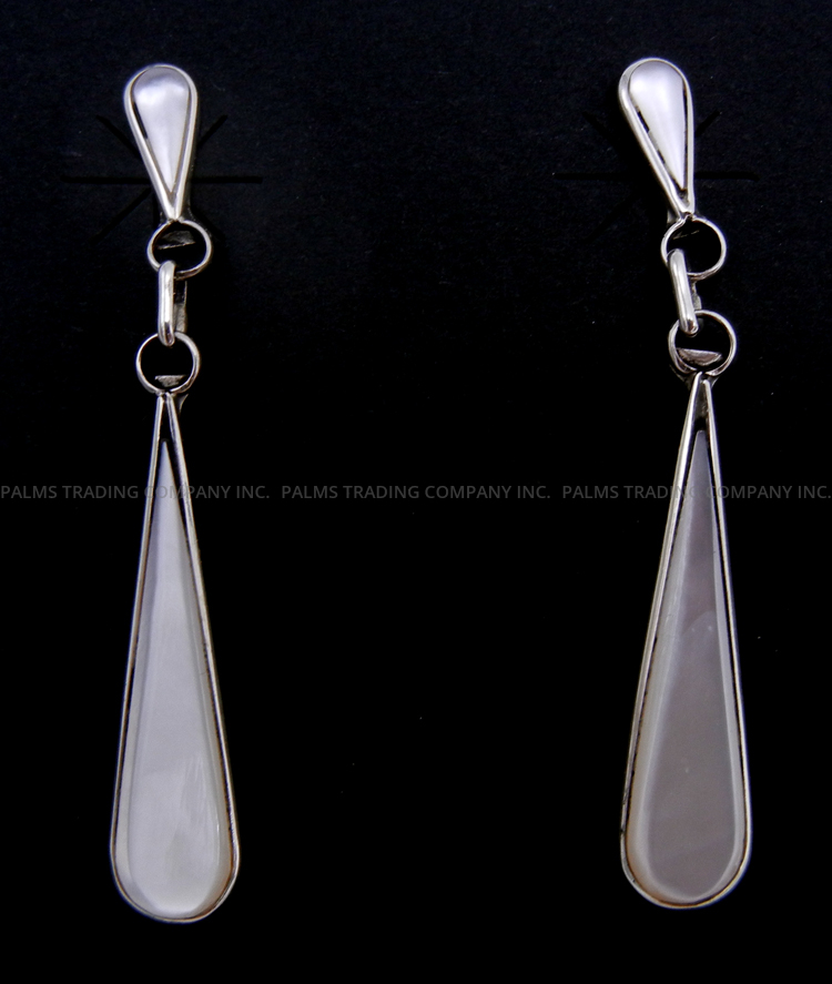 Zuni mother of pearl and sterling silver post dangle tear drop earrings