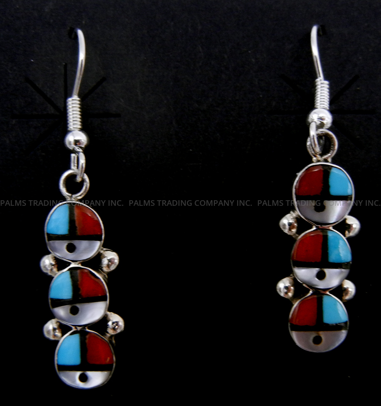 Zuni multi-stone inlay and sterling silver triple sunface dangle earrings