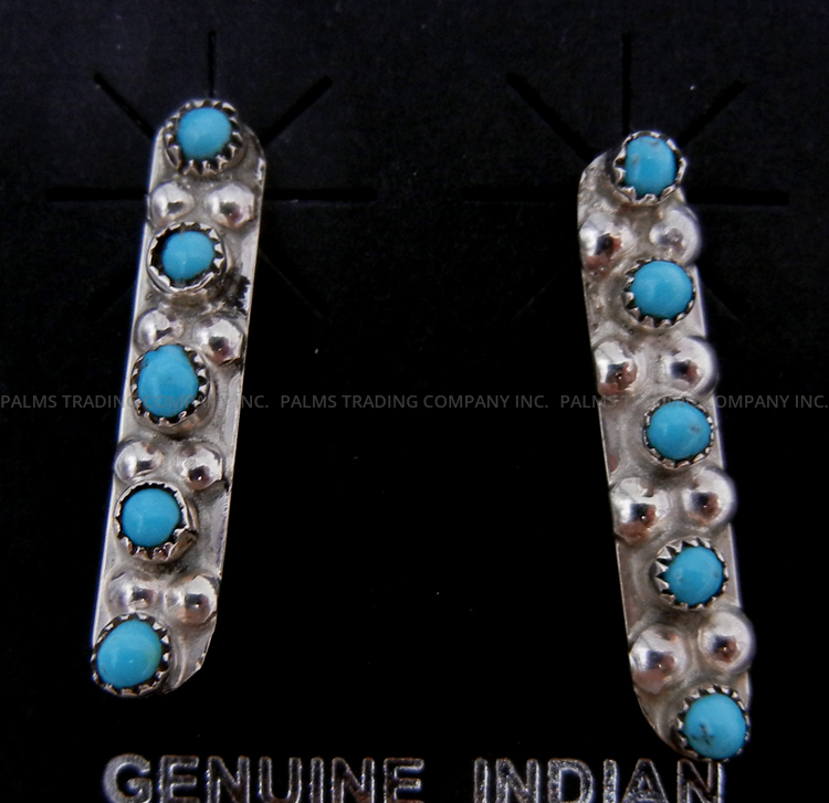 Zuni turquoise petit point and sterling silver bar drop post earrings