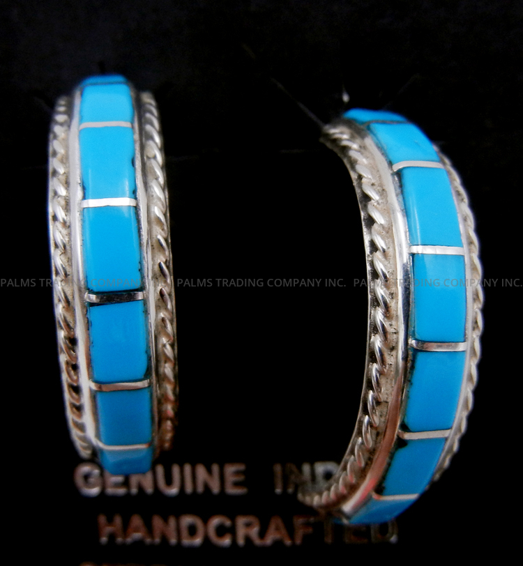 Zuni turquoise and sterling silver channel inlay half hoop earrings