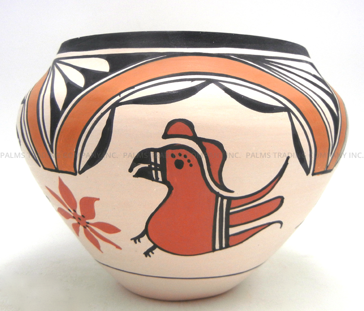 Acoma handmade and hand painted polychrome parrot jar by Beverly Garcia