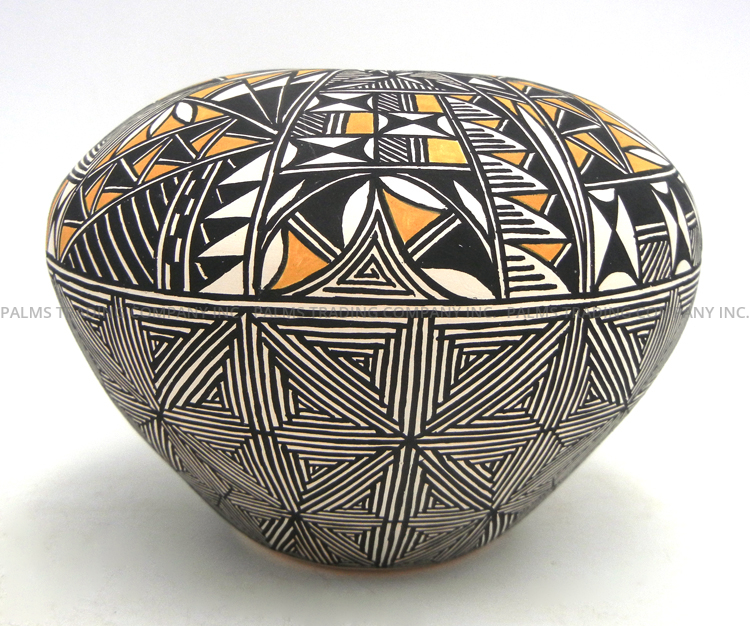 Acoma handmade and hand painted multi-pattern polychrome seed pot by Ruth Estevan