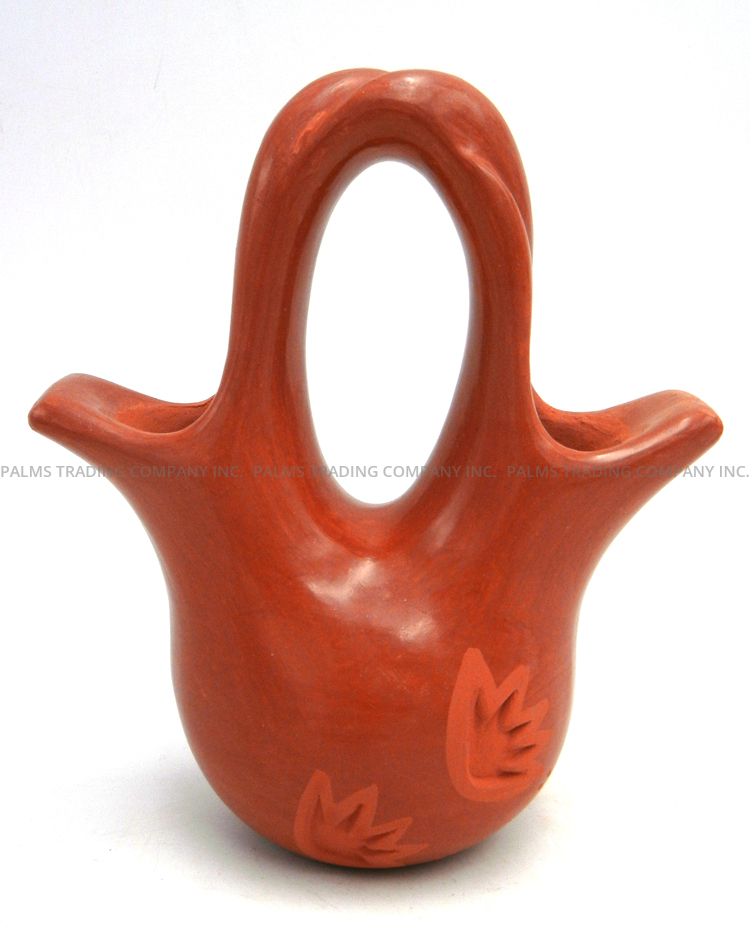 Santa Clara red polished vase with etched flowers and twisted handle by Birdell Bourdon