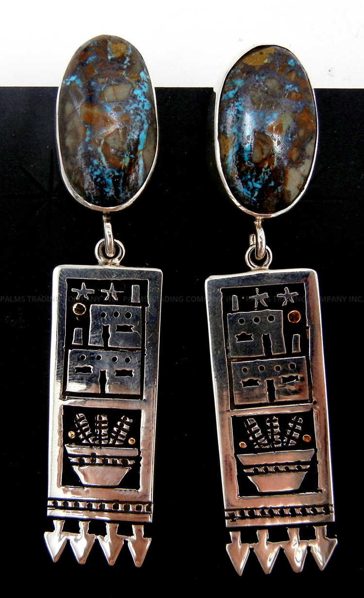 Kewa Pilot Mountain turquoise and sterling silver and 14k gold overlay post dangle earrings by Joseph Coriz
