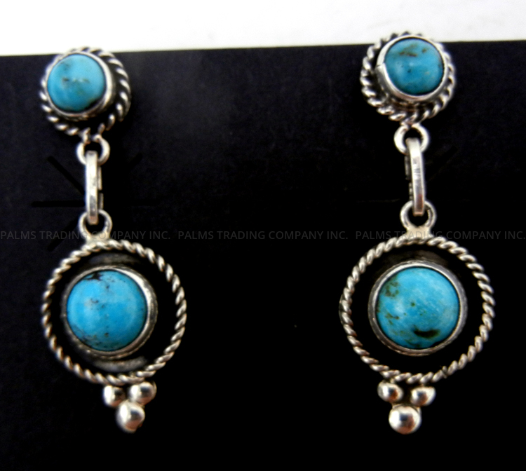 Navajo double turquoise and sterling silver post dangle earrings by Martin Perry