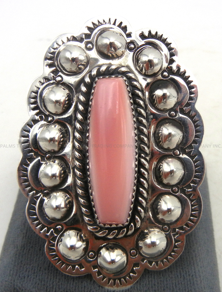 Navajo large adjustable pink conch and sterling silver ring by Leonard Platero, Jr. and Racquel Hurley