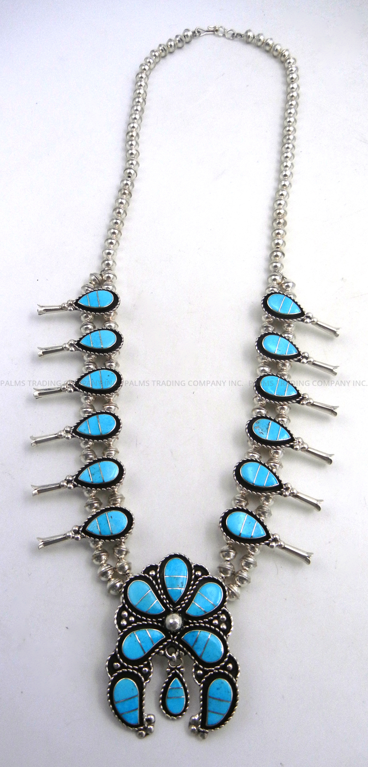 Zuni Faye Lowsayatee Turquoise and Sterling Silver Inlay Squash Blossom Necklace and Earring Set - Image 3
