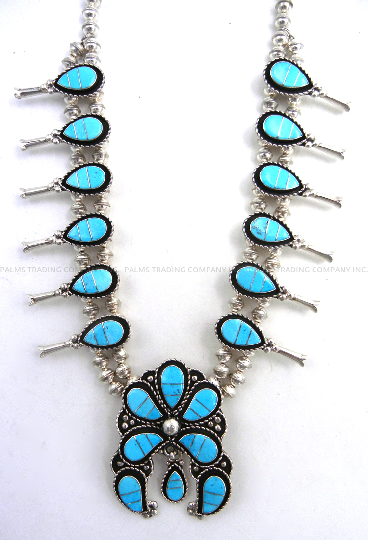 Zuni Faye Lowsayatee Turquoise and Sterling Silver Inlay Squash Blossom Necklace and Earring Set - Image 4