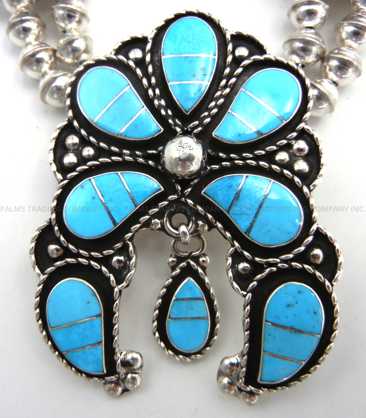 Zuni Faye Lowsayatee Turquoise and Sterling Silver Inlay Squash Blossom Necklace and Earring Set - Image 5