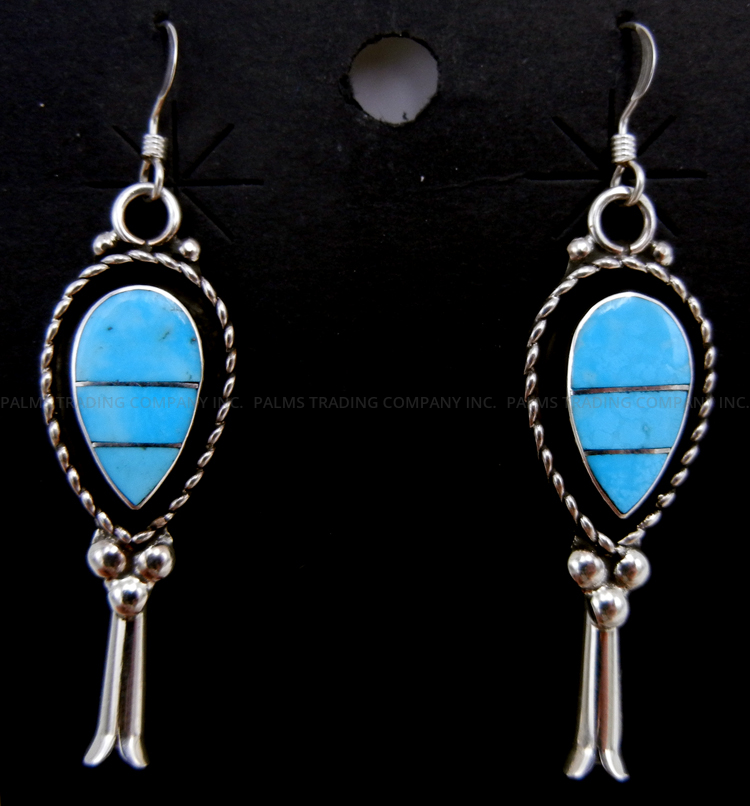 Zuni Faye Lowsayatee Turquoise and Sterling Silver Inlay Squash Blossom Necklace and Earring Set - Image 6