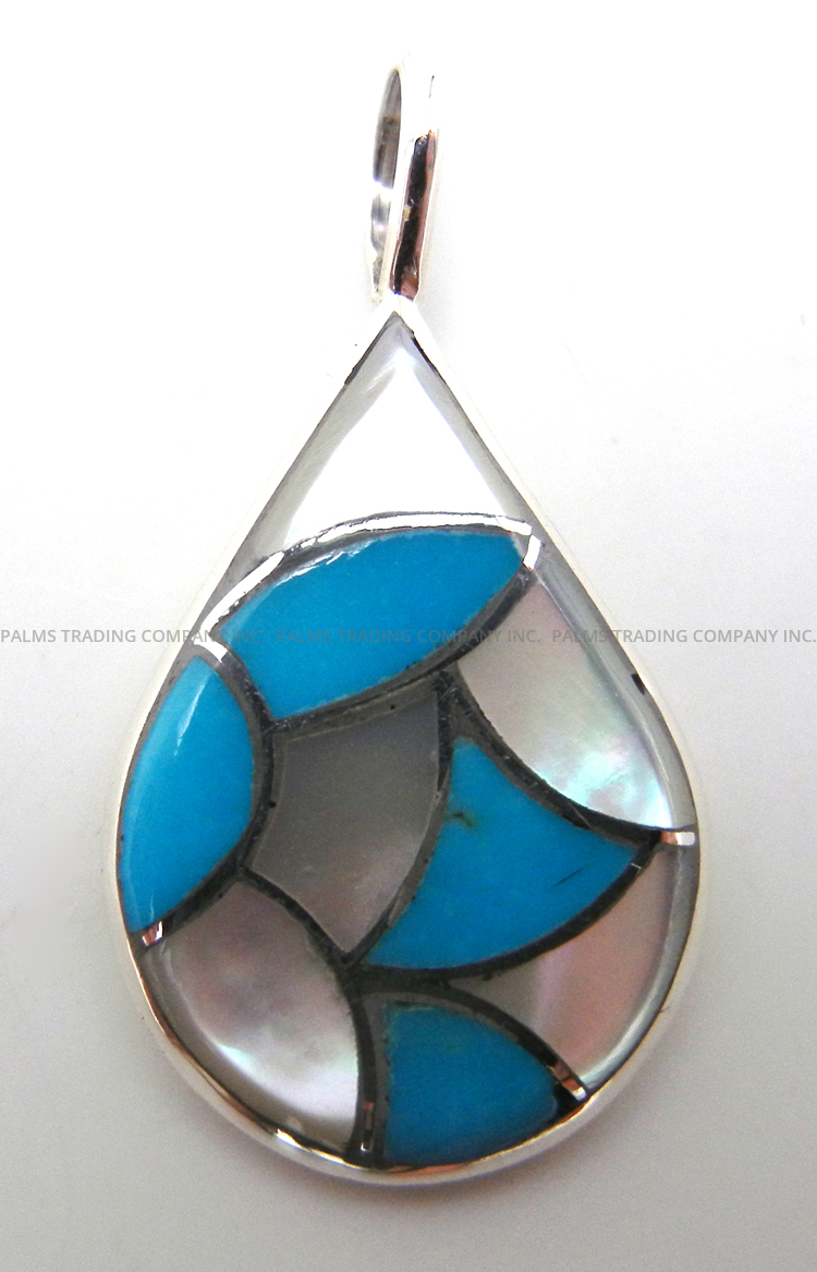 Navajo turquoise, white mother of pearl and sterling silver inlay tear drop pendant