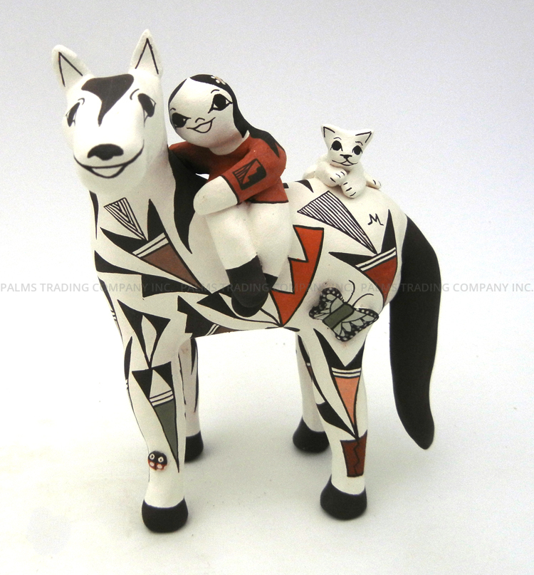 Acoma small standing horse figurine with child and cat by Judy Lewis