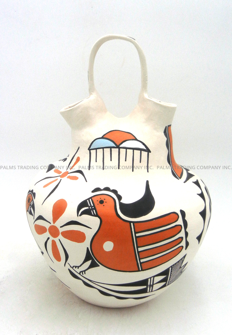 Acoma handmade and hand painted polychrome parrot and weather pattern wedding vase by Beverly Garcia