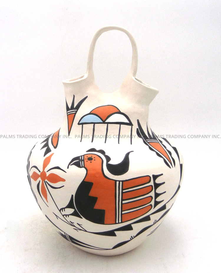 Acoma Beverly Garcia Handmade and Hand Painted Polychrome Parrot and Weather Pattern Wedding Vase - Image 4
