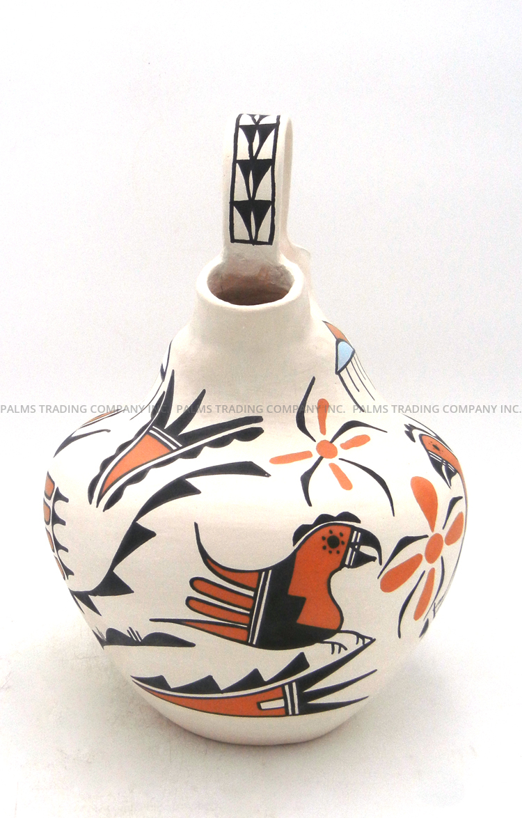 Acoma Beverly Garcia Handmade and Hand Painted Polychrome Parrot and Weather Pattern Wedding Vase - Image 5