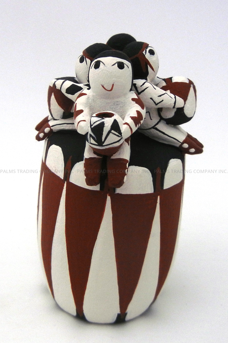 Cochiti handmade and hand painted drum figurine with four children by Vangie Suina
