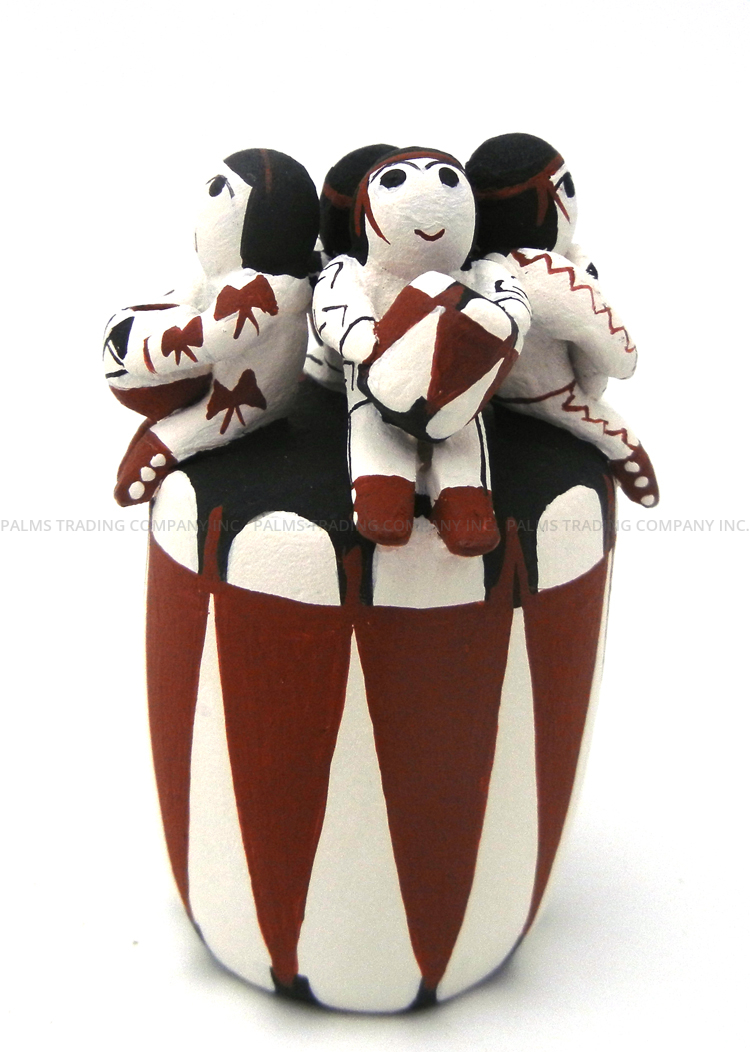 Cochiti Vangie Suina Small Handmade and Hand Painted Drum Figurine with Four Children - Image 3