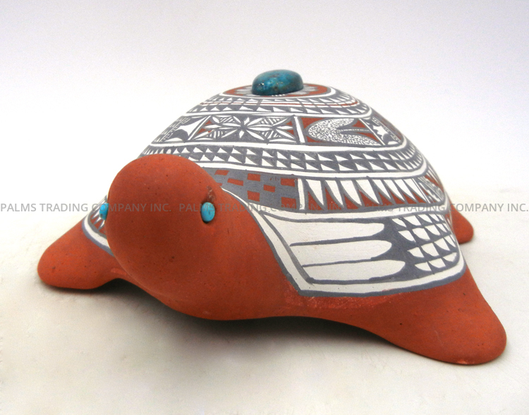 Jemez handmade and hand painted polychrome turtle figurine with turquoise accents by Scott Small