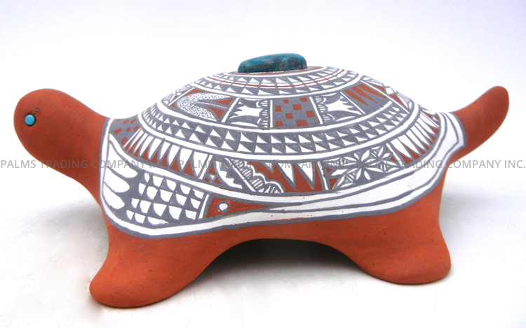 Jemez Scott Small Handmade and Hand Painted Polychrome Turtle Figurine with Turquoise Accents - Image 3