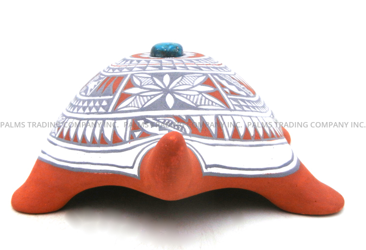 Jemez Scott Small Handmade and Hand Painted Polychrome Turtle Figurine with Turquoise Accents - Image 4