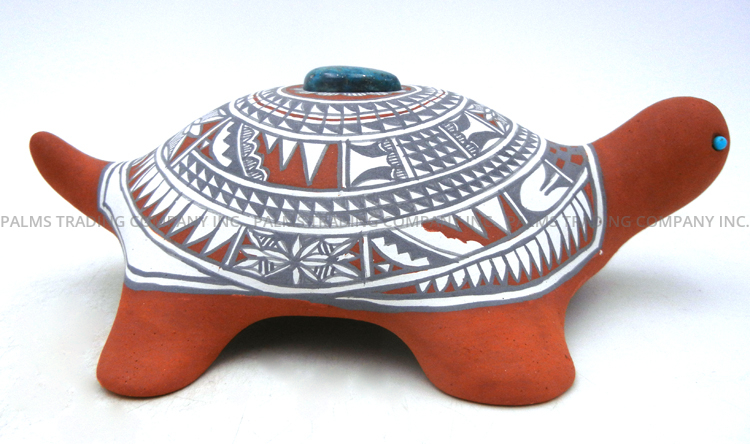 Jemez Scott Small Handmade and Hand Painted Polychrome Turtle Figurine with Turquoise Accents - Image 5