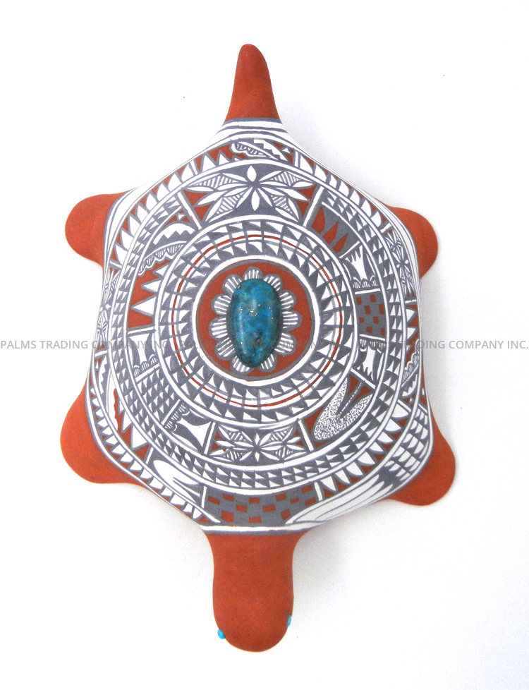 Jemez Scott Small Handmade and Hand Painted Polychrome Turtle Figurine with Turquoise Accents - Image 6
