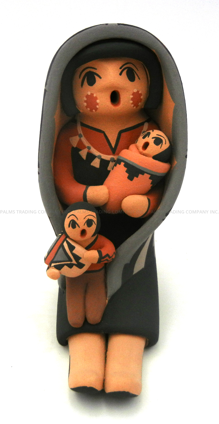 Jemez handmade and hand painted seated female storyteller figurine with two children by Chrislyn Fragua