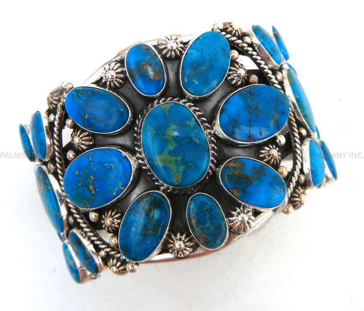 Navajo large turquoise and sterling silver cluster cuff bracelet by Ella Linkin