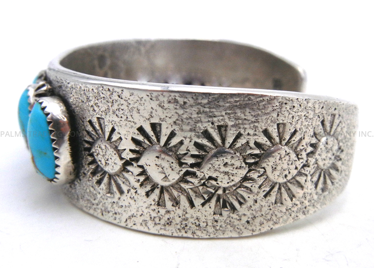 Navajo Tufa Cast Sterling Silver and Turquoise Row Cuff Bracelet - Image 3