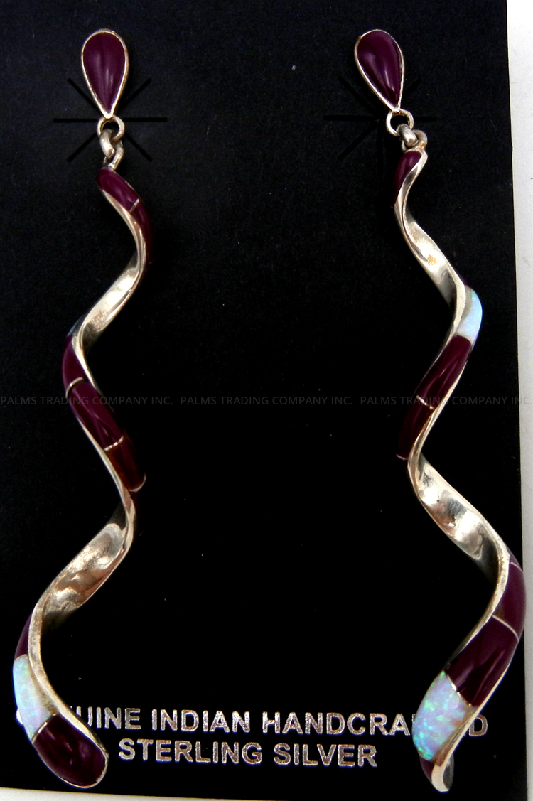 Navajo sugilite, white lab opal and sterling silver channel inlay spiral post dangle earrings by Maggie Bedah
