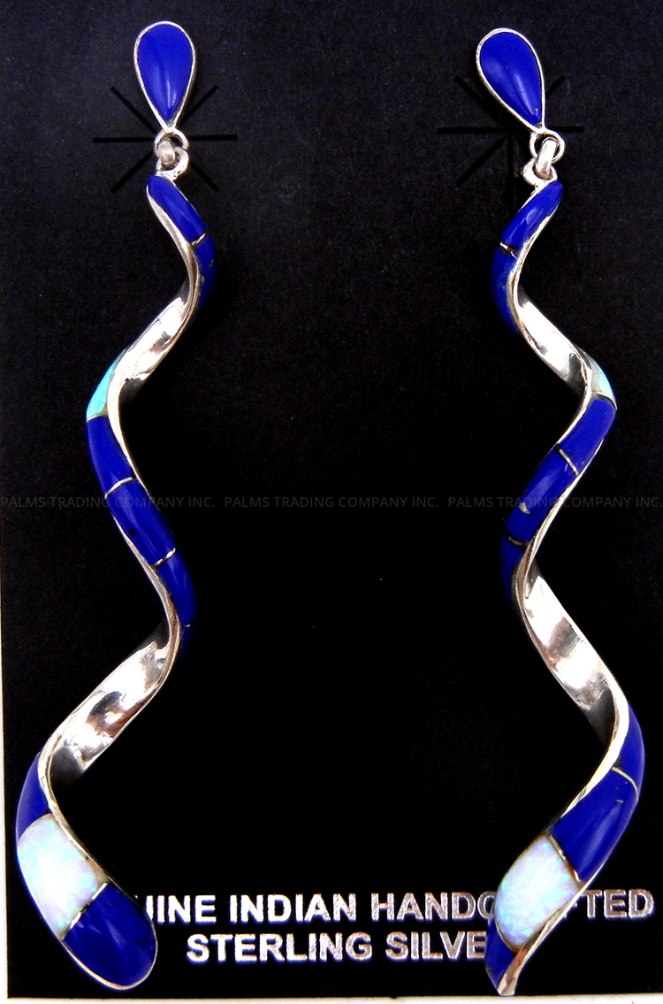 Navajo lapis, white lab opal and sterling silver channel inlay spiral dangles earrings by Maggie Bedah