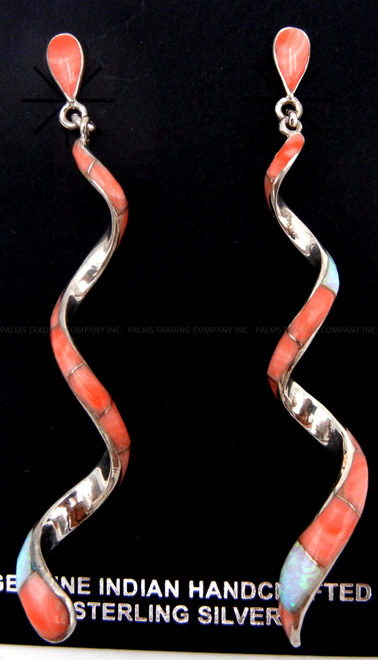 Navajo pink conch, white lab opal and sterling silver channel inlay spiral post dangle earrings by Maggie Bedah