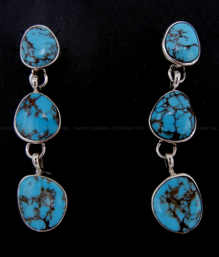 Navajo triple turquoise and sterling silver post dangle earrings