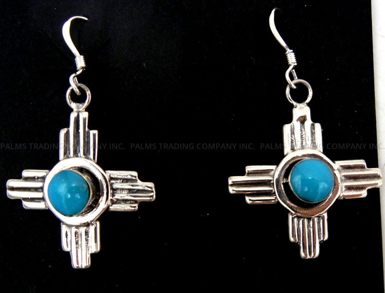Navajo sterling silver and turquoise Zia symbol dangle earrings