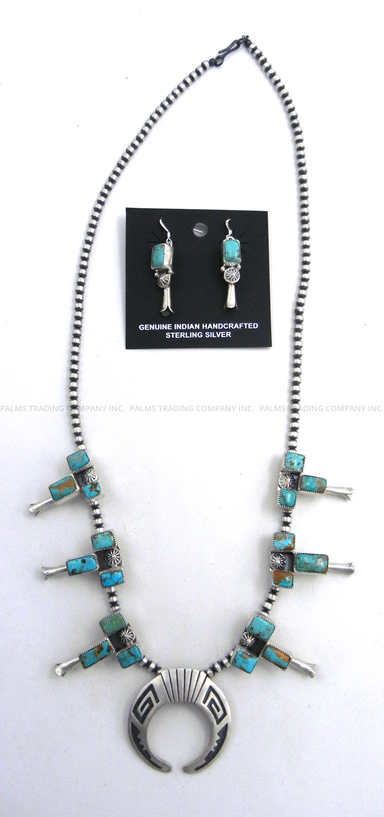 Navajo turquoise and sterling silver squash blossom necklace and earring set with overlay naja