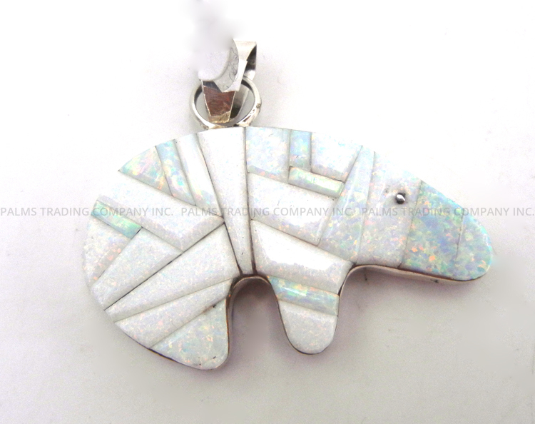 Navajo white and pink lab opal and sterling silver cornrow inlay bear pendant by Priscilla Lewis