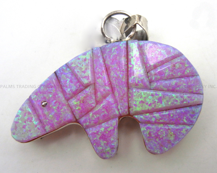 Navajo Priscilla Lewis Double Sided White and Pink Lab Opal and Sterling Silver Cornrow Inlay Bear Pendant - Image 3