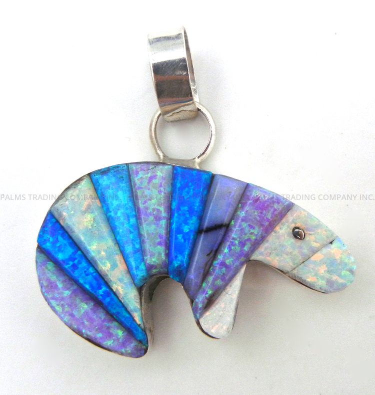 Navajo multi-colored lab opal and sterling silver cornrow inlay bear pendant by Priscilla Lewis