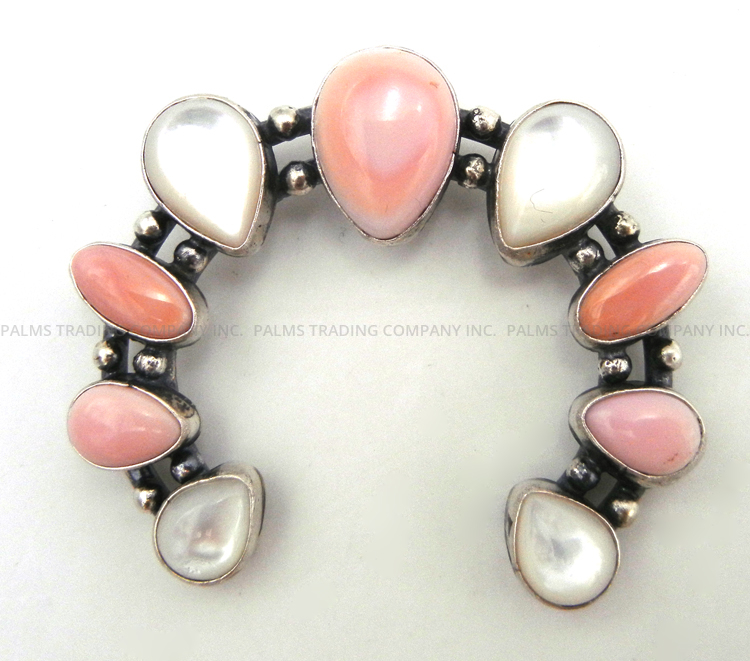 Navajo white mother of pearl, pink conch and sterling silver naja pendant
