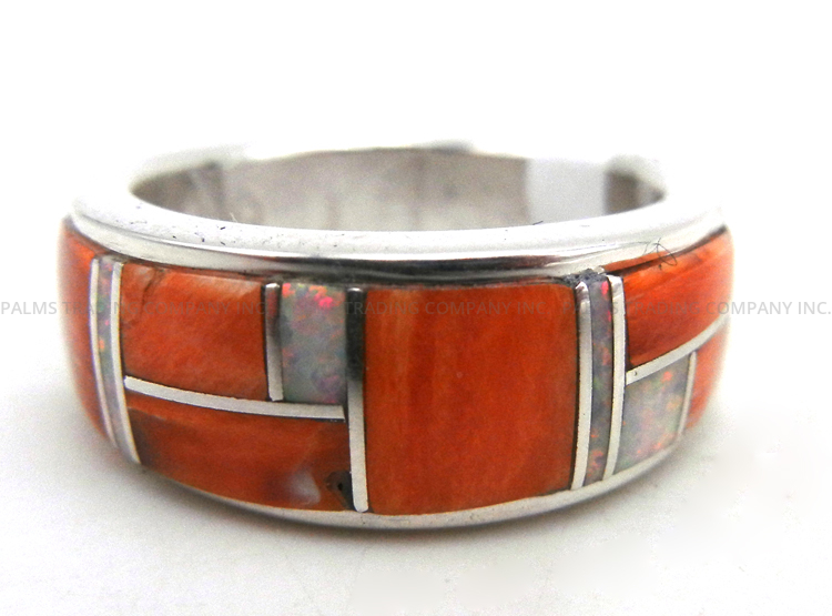 Navajo orange spiny oyster shell, white lab opal and sterling silver inlay ring