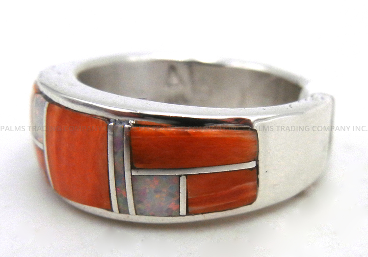 Navajo Orange Spiny Oyster Shell, Lab Opal and Sterling Silver Inlay Ring - Image 3